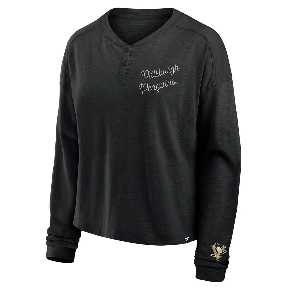 T-shirt Henley surdimensionné à manches longues et col rond pour femme, motif Penguins de Pittsburgh, noir, fanatiques