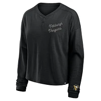 T-shirt Henley surdimensionné à manches longues et col rond pour femme, motif Penguins de Pittsburgh, noir, fanatiques