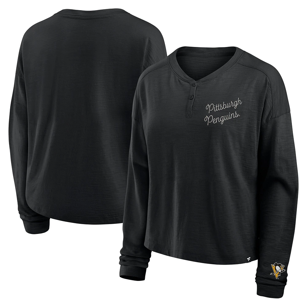 T-shirt Henley surdimensionné à manches longues et col rond pour femme, motif Penguins de Pittsburgh, noir, fanatiques