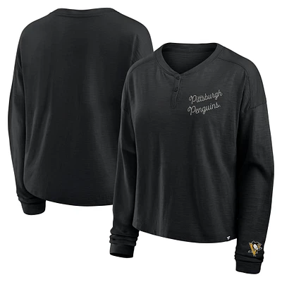 T-shirt Henley surdimensionné à manches longues et col rond pour femme, motif Penguins de Pittsburgh, noir, fanatiques