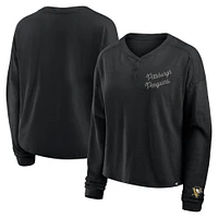 T-shirt Henley surdimensionné à manches longues et col rond pour femme, motif Penguins de Pittsburgh, noir, fanatiques