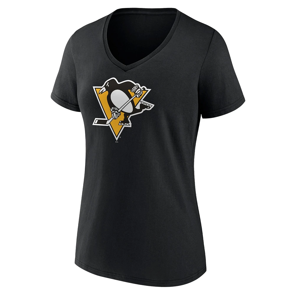 T-shirt noir à col en V de l'équipe avec logo principal des Penguins Pittsburgh Fanatics pour femmes