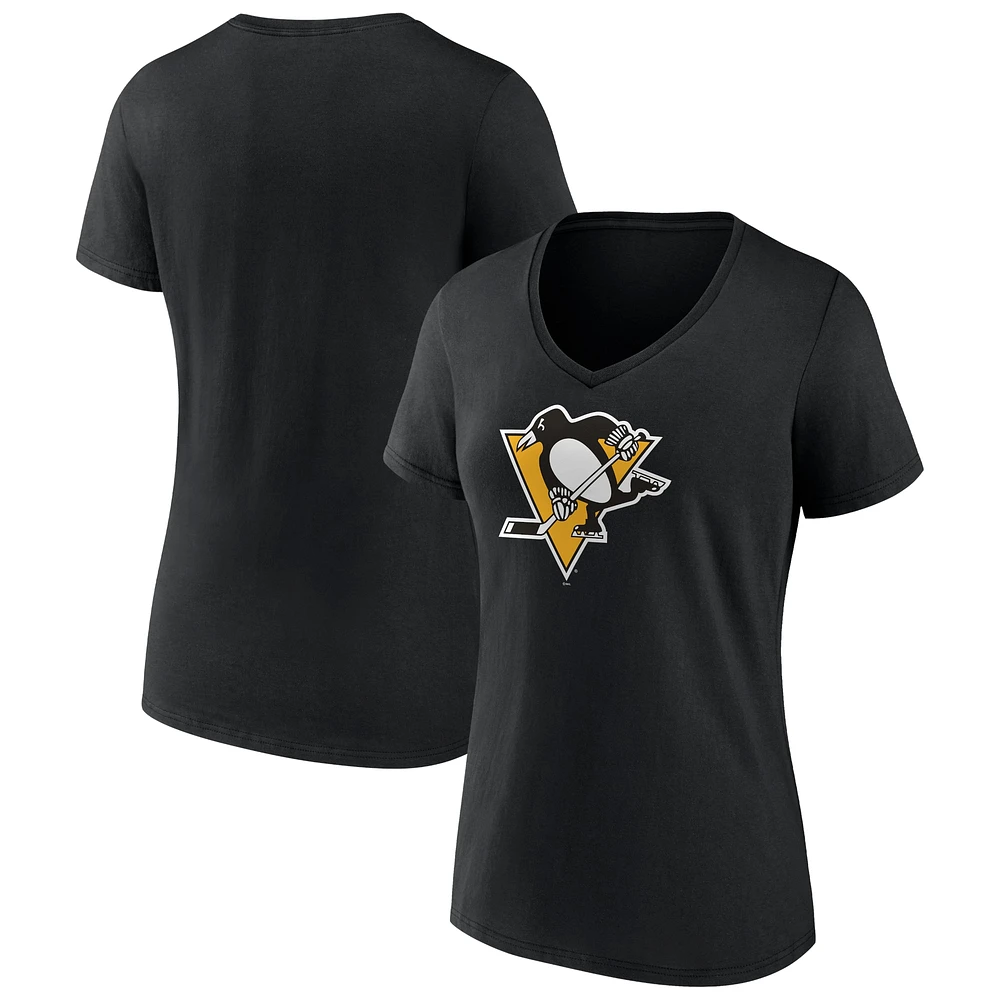 T-shirt noir à col en V de l'équipe avec logo principal des Penguins Pittsburgh Fanatics pour femmes