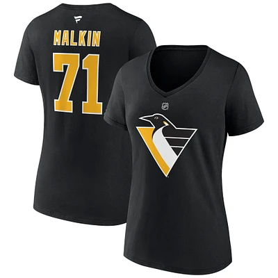 T-shirt noir à col en V avec nom et numéro Evgeni Malkin des Penguins de Pittsburgh, édition spéciale 2.0 marque Fanatics pour femmes