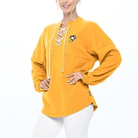 Women's Fanatics Gold Pittsburgh Penguins Spirit Lace-Up V-Neck Long Sleeve Jersey T-Shirt