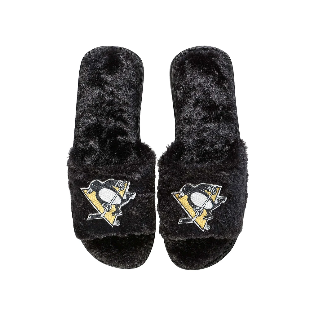 Pantoufles floues à strass pour femmes FOCO Penguins de Pittsburgh noires