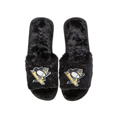 Pittsburgh Penguins FOCO Women's Rhinestone Fuzzy Slippers - Black