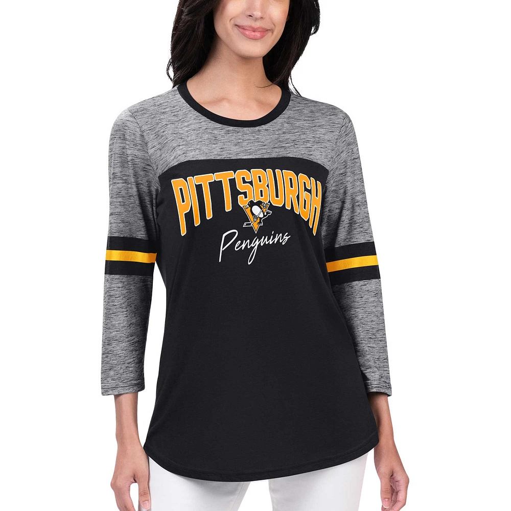 T-shirt noir à manches 3/4 G-III 4Her par Carl Banks pour femmes des Penguins de Pittsburgh Play The Game