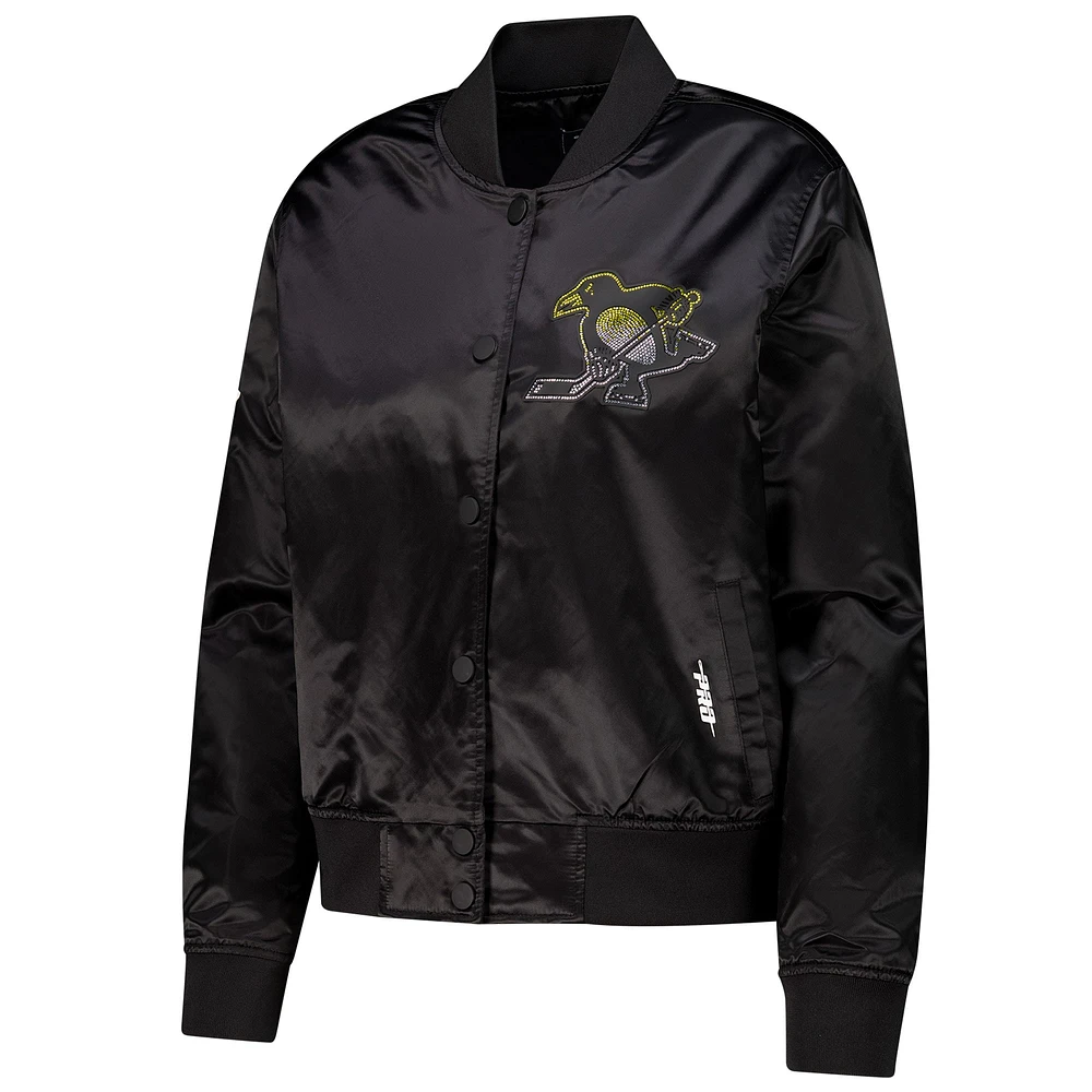 Veste en satin à boutons-pression pour femme Pro Standard Black Pittsburgh Penguins avec strass