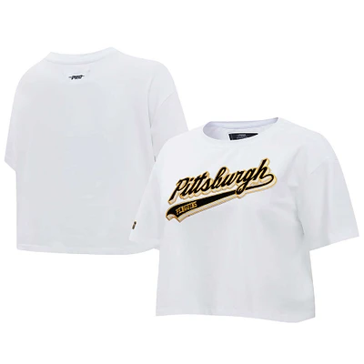 Women's Pro Standard White Pittsburgh Penguins Boxy Script Tail Cropped T-Shirt