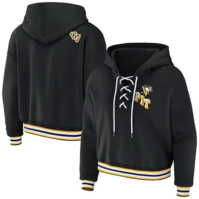 Women's WEAR by Erin Andrews Black Pittsburgh Penguins Lace-Up Pullover Hoodie