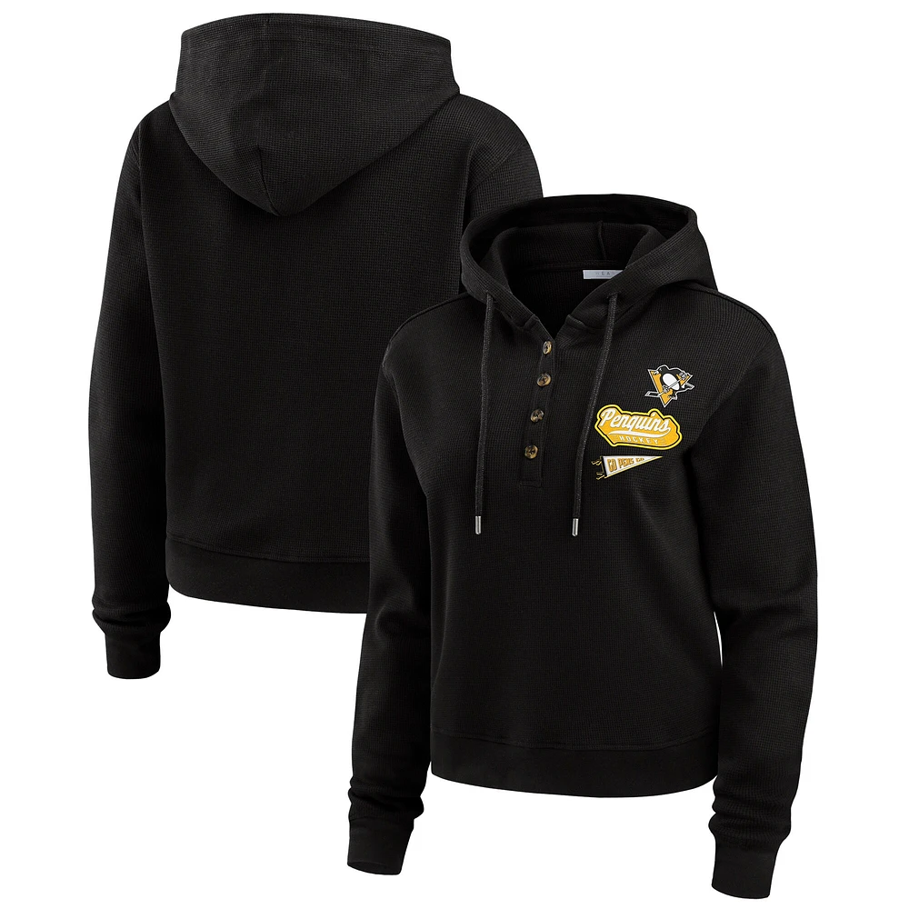 Women's WEAR by Erin Andrews  Black Pittsburgh Penguins Waffle-Knit Pullover Hoodie