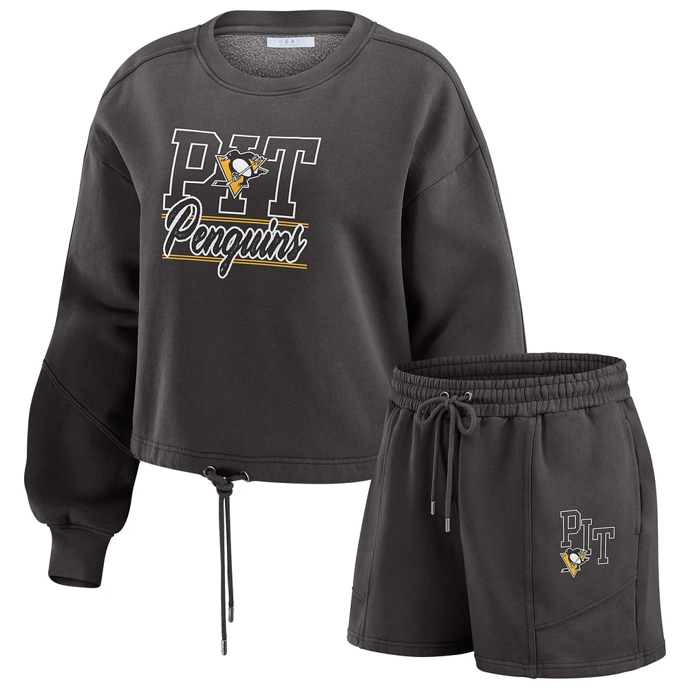 Ensemble de détente pour femme WEAR by Erin Andrews avec sweat-shirt et short en molleton délavé noir des Penguins Pittsburgh