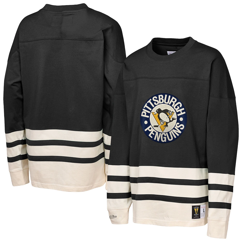 Haut épais à manches longues et point de chaînette noir des Penguins Pittsburgh Mitchell & Ness pour jeunes