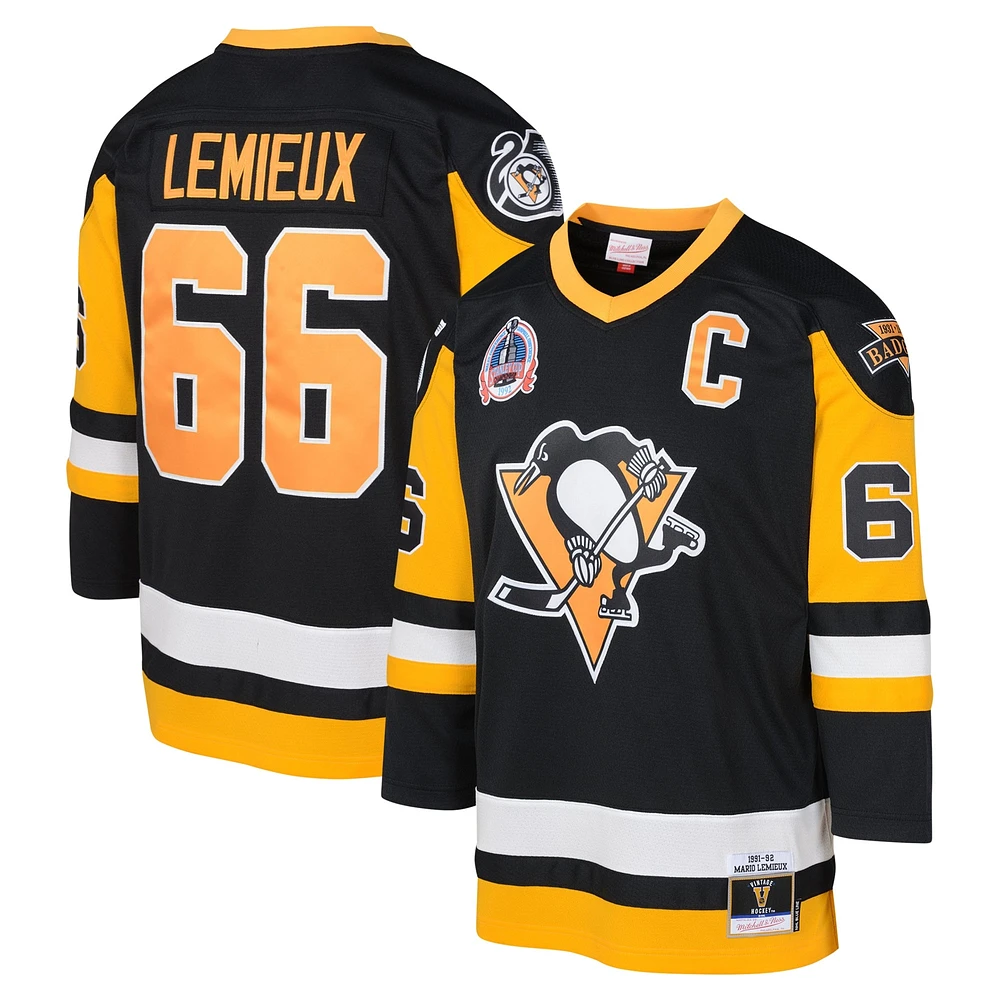 Maillot de joueur ligne bleue Mitchell & Ness Mario Lemieux noir des Penguins Pittsburgh 1991-92 pour jeunes