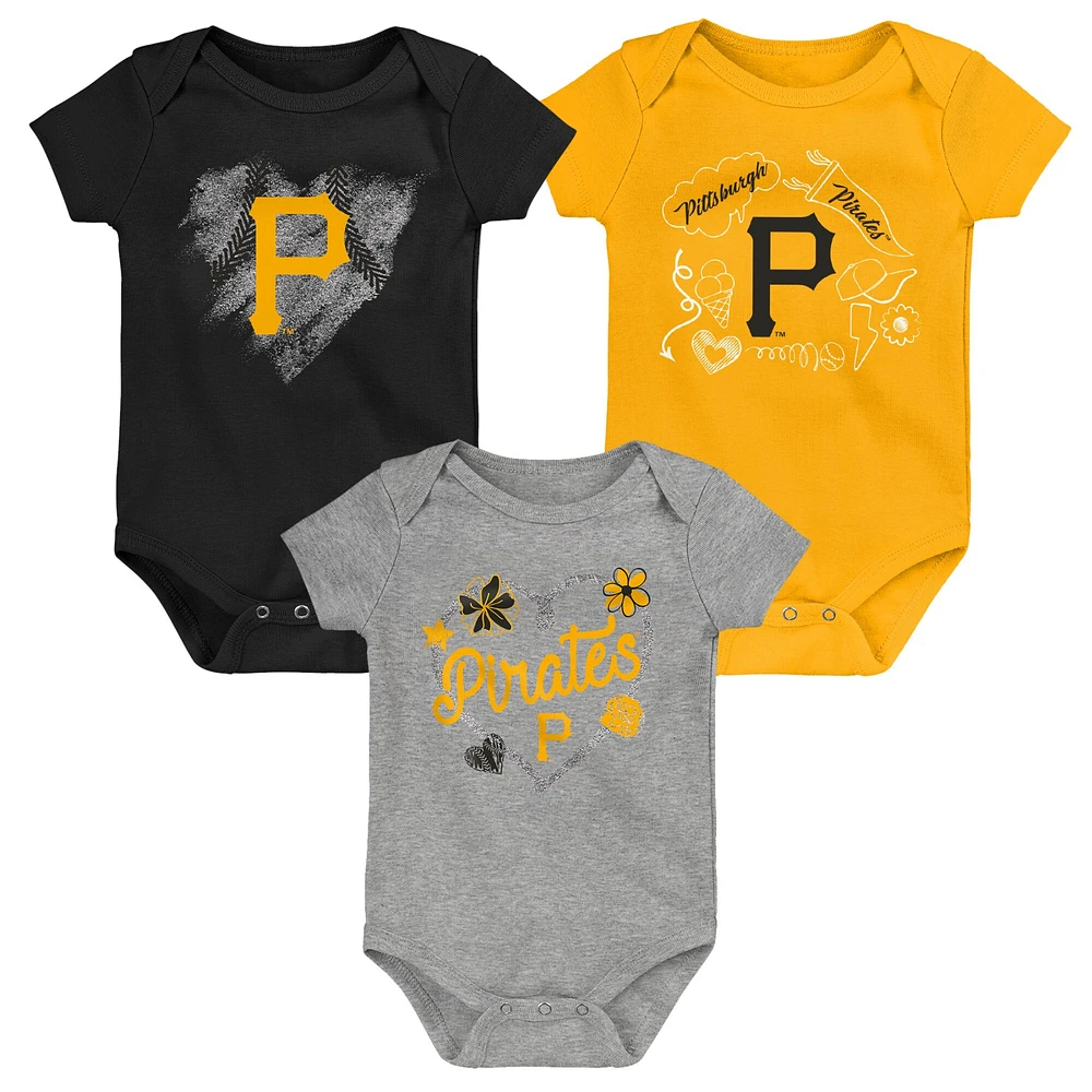 Lot de 3 bodys Batter Up Pirates Pittsburgh pour nouveau-nés et nourrissons Noir/Or/Gris chiné