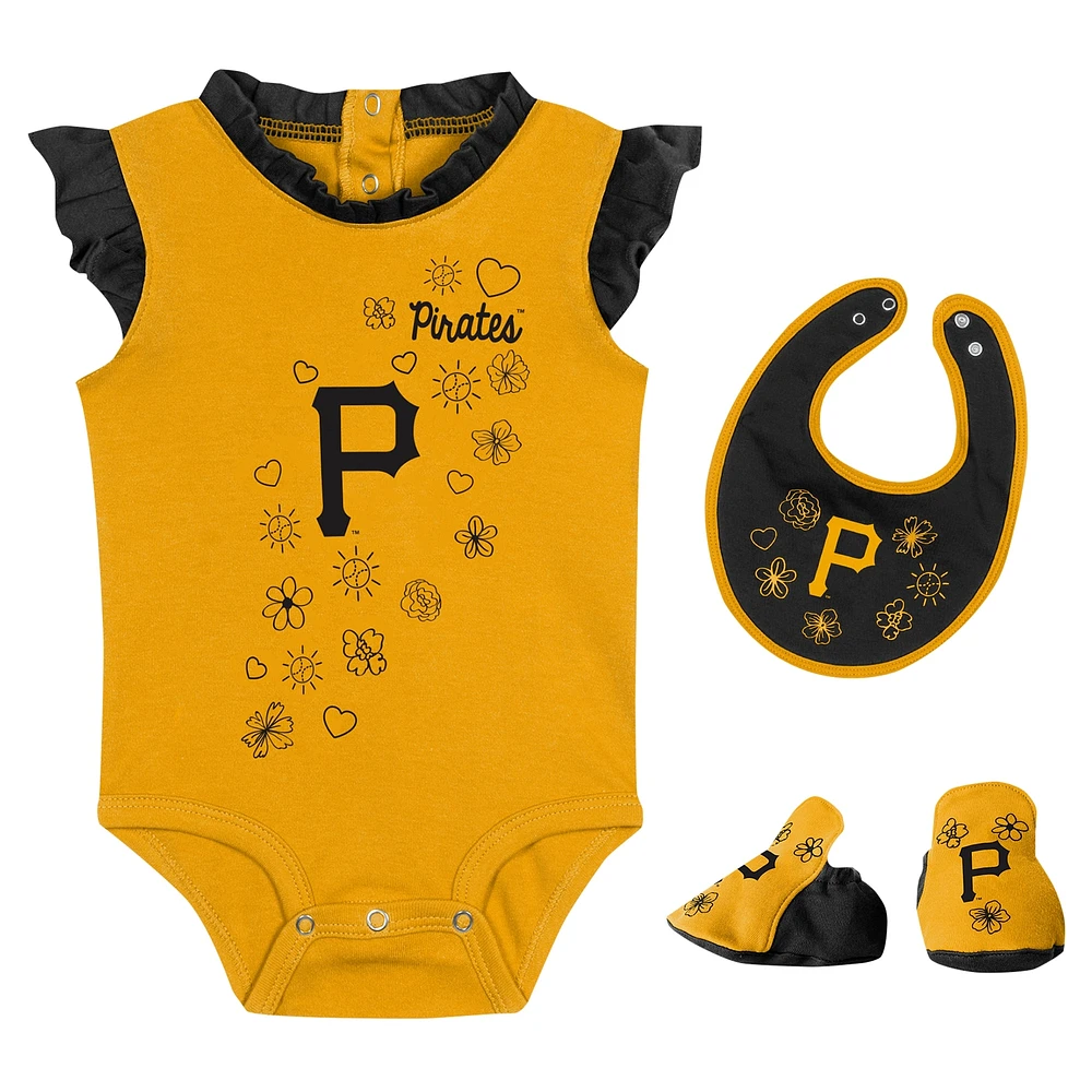 Girls Newborn & Infant Fanatics Gold Pittsburgh Pirates Happy Baseball Bodysuit, Bib Bootie Set