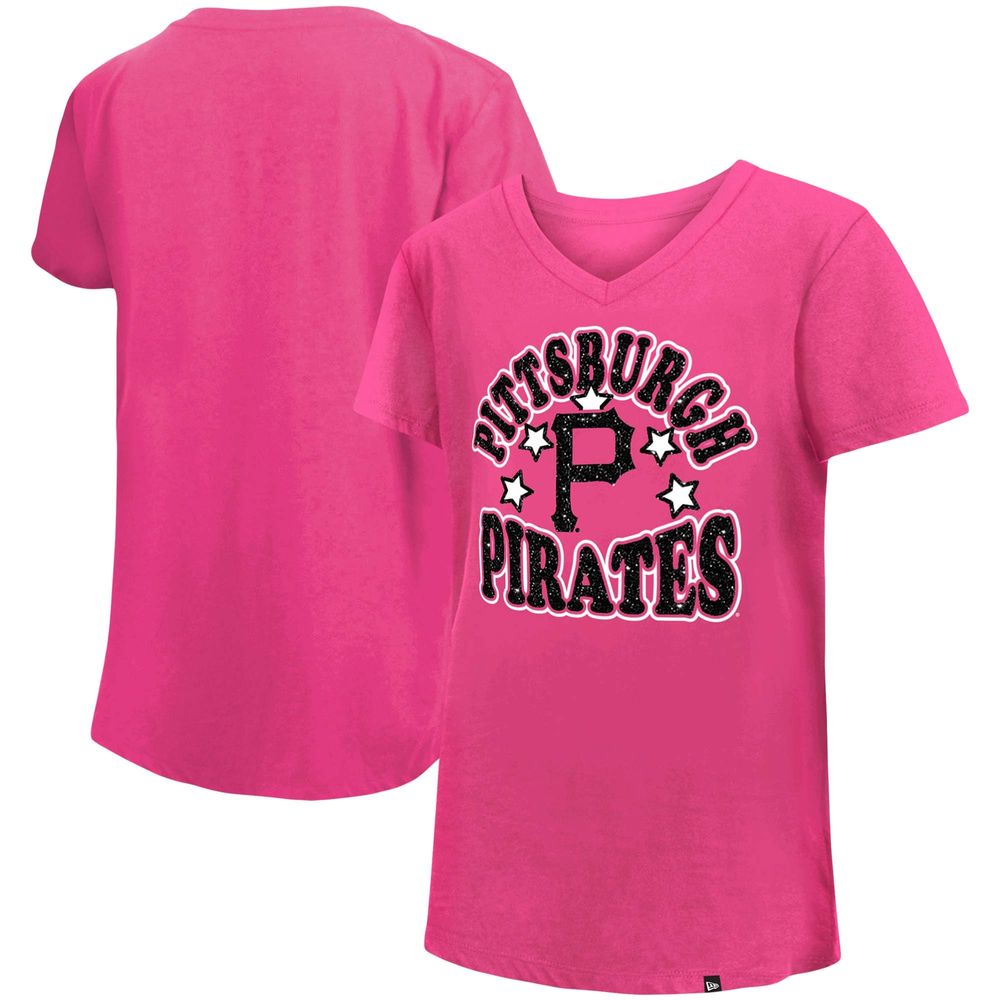 Girl's Youth New Era Pink Pittsburgh Pirates Jersey Stars V-Neck T-Shirt