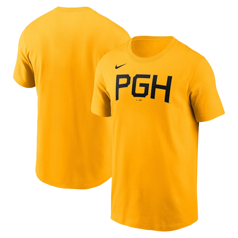 T-shirt Nike doré pour hommes des Pirates de Pittsburgh City Connect avec le mot-symbole