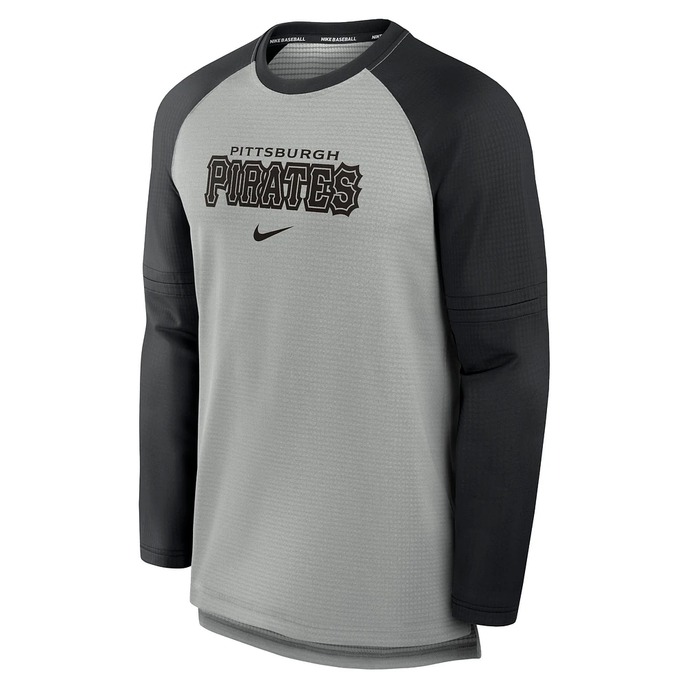 Men's Nike Heather Gray/Black Pittsburgh Pirates Authentic Collection Game Time Raglan Performance Long Sleeve T-Shirt