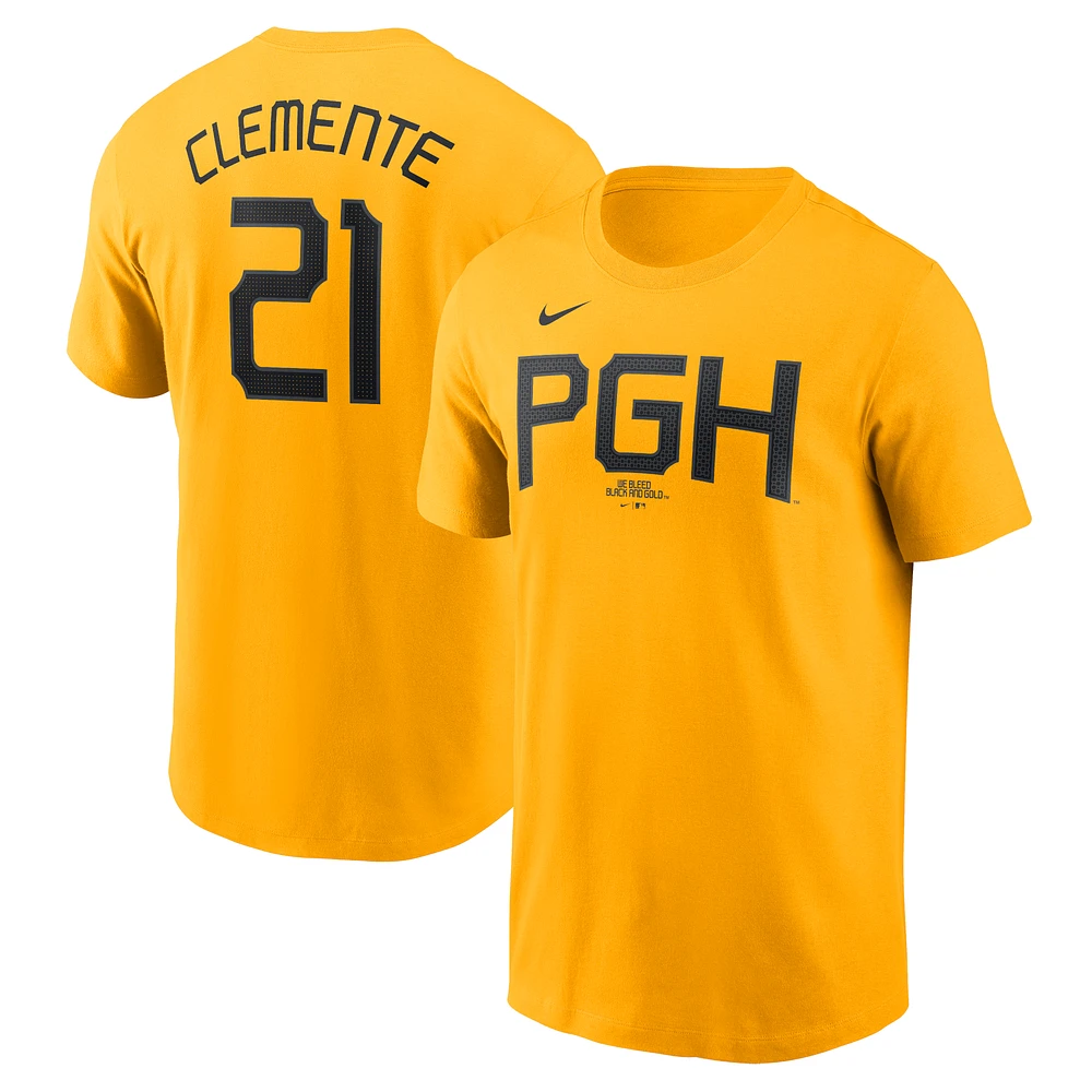 T-shirt Nike Roberto Clemente Gold Pittsburgh Pirates City Connect Fuse avec nom et numéro pour homme