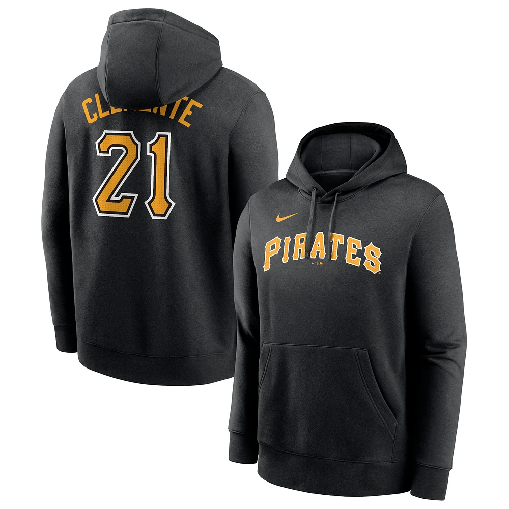 Sweat à capuche Nike Roberto Clemente pour hommes, noir, Pittsburgh Pirates, nom et numéro du club