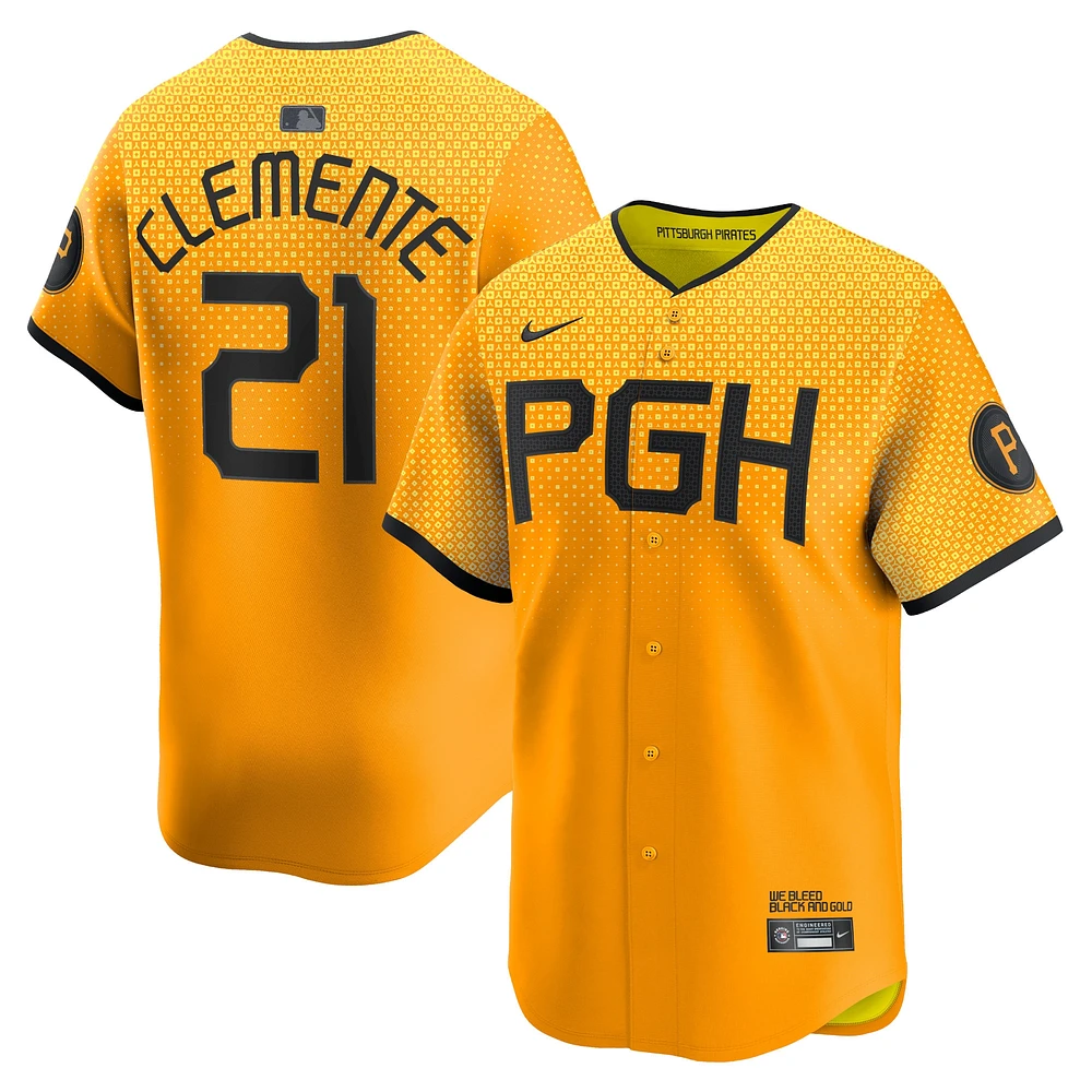 Maillot de joueur Nike Roberto Clemente Gold Pittsburgh Pirates City Connect Limited pour homme