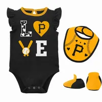 Ensemble trois pièces pour nouveau-né et bébé Pirates de Pittsburgh Noir/Or Love of Baseball Bib Body & Booties