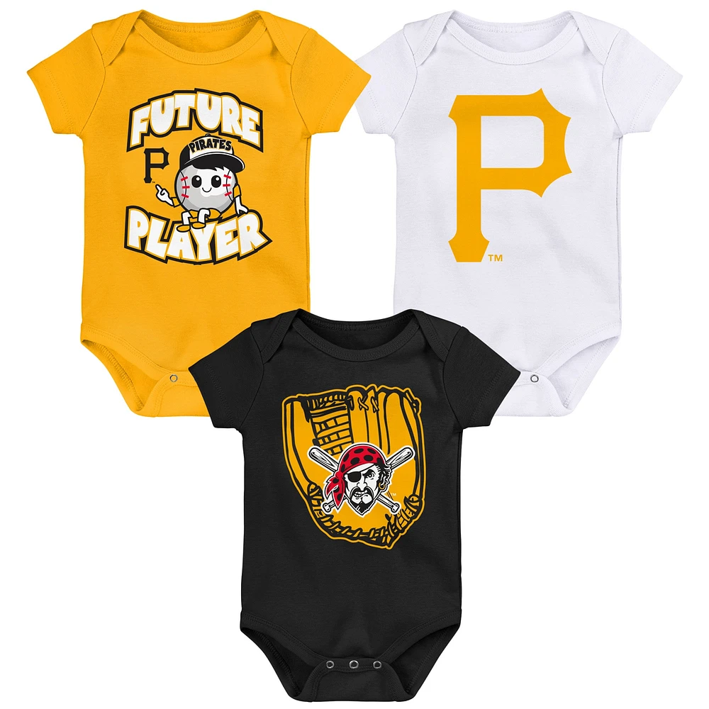 Newborn & Infant Gold/Black/White Pittsburgh Pirates Minor League Player Three-Pack Bodysuit Set