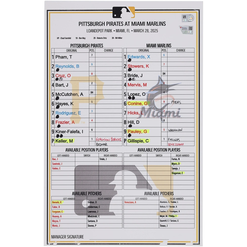 Carte de composition des équipes des Pirates de Pittsburgh contre les Marlins de Miami