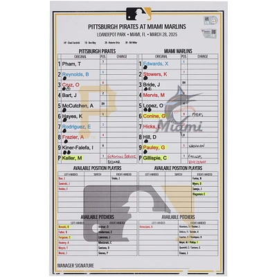 Carte de composition des équipes des Pirates de Pittsburgh contre les Marlins de Miami