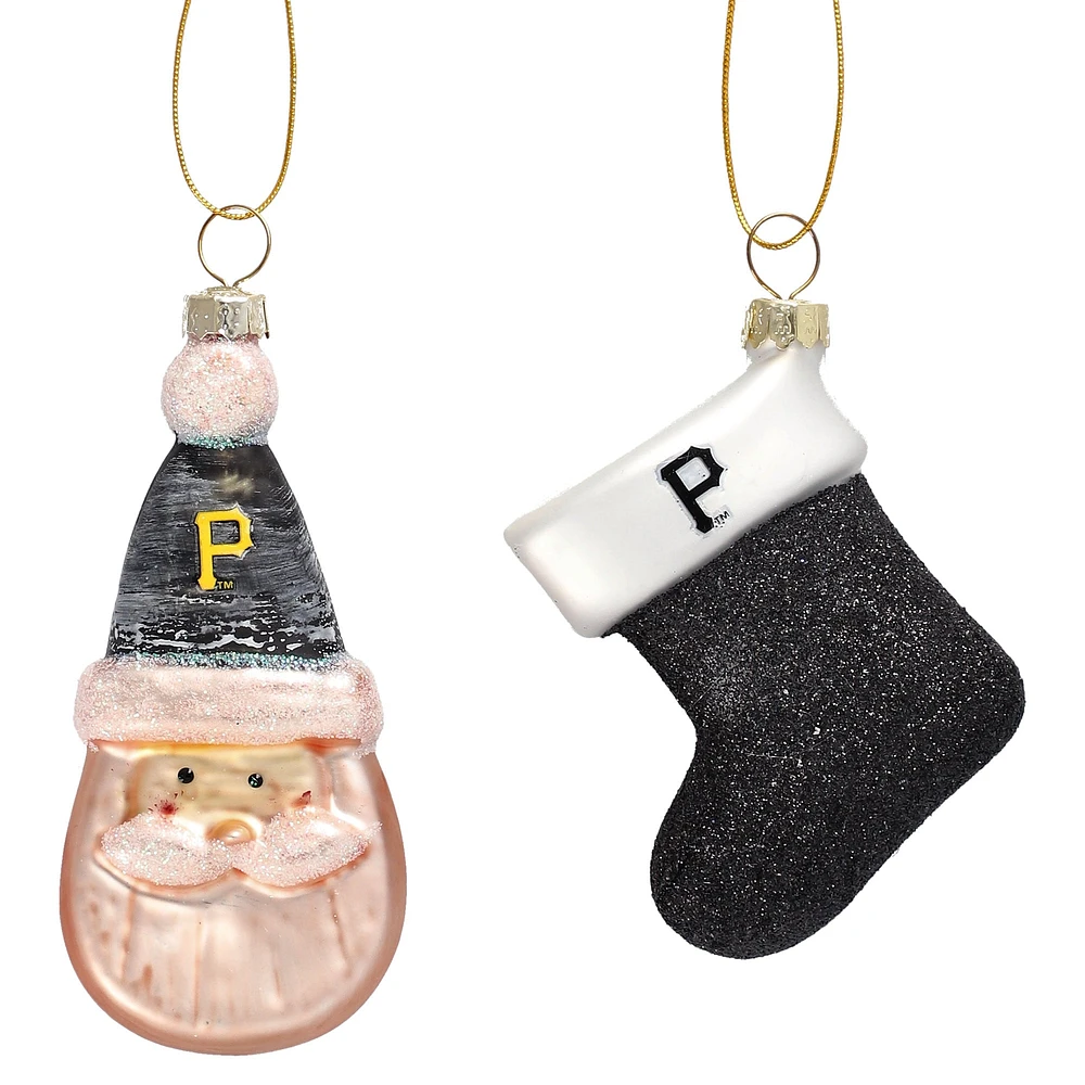 Ensemble de deux décorations en verre soufflé représentant le Père Noël et un bas de Noël des Pirates de Pittsburgh