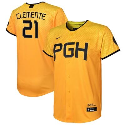 Maillot de joueur réplique Nike Roberto Clemente doré des Pittsburgh Pirates City Connect pour enfants d'âge préscolaire