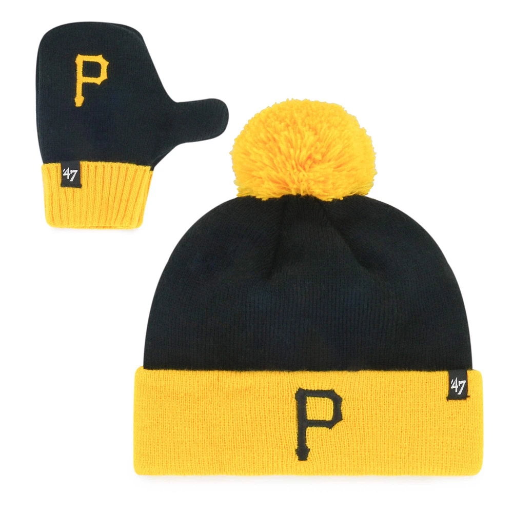 Ensemble bonnet à revers Bam Bam Pirates de Pittsburgh noir '47 pour tout-petit avec pompon et mitaines