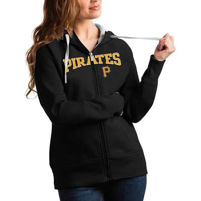 Sweat à capuche entièrement zippé avec logo de l'équipe des Pirates Pittsburgh Antigua Black pour femme