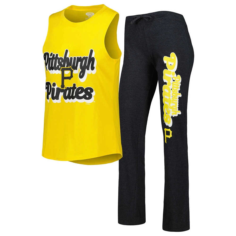 Concepts Sport Heather Noir/Or Pittsburgh Pirates Wordmark Meter Muscle Débardeur et pantalon Ensemble de nuit