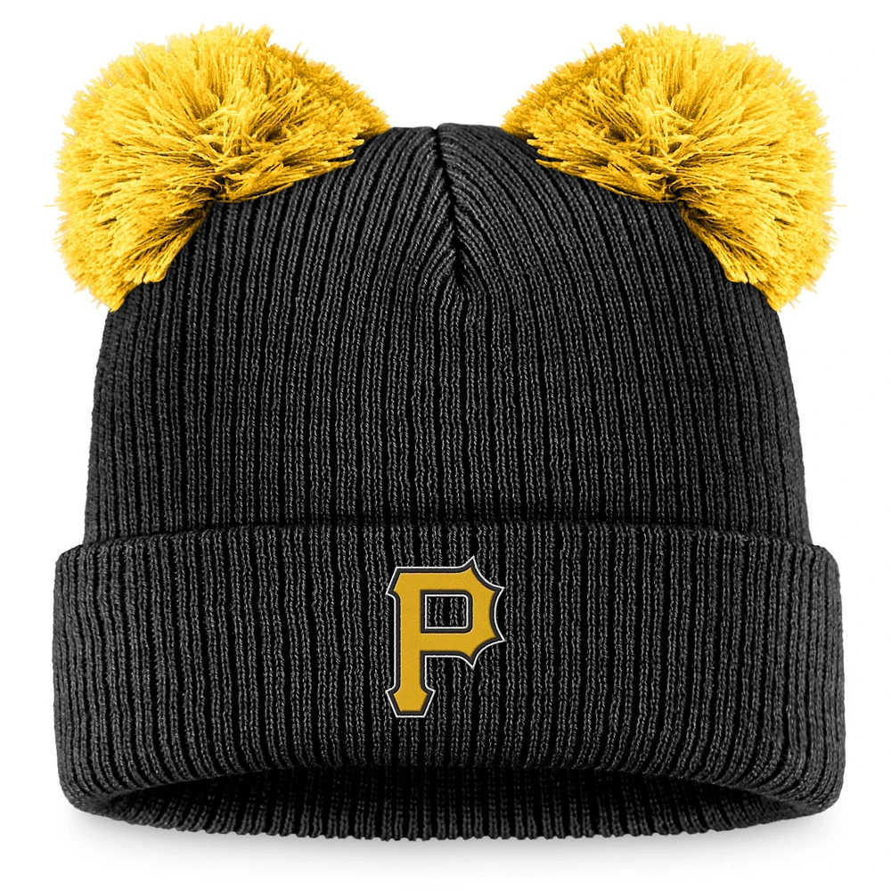 Bonnet en tricot à revers à double pompon Fanatics pour femmes, noir/or, Pittsburgh Pirates