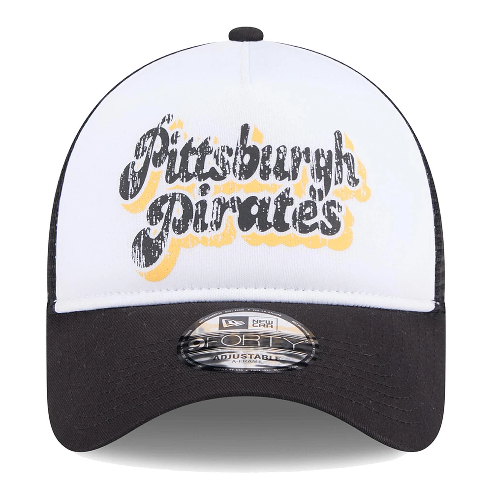 Casquette réglable 9FORTY de camionneur à cadre en A en mousse sur le devant des Pirates de Pittsburgh New Era pour femmes, blanc/noir