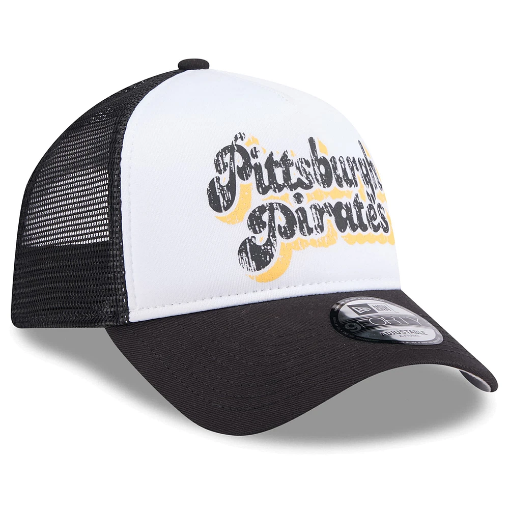 Casquette réglable 9FORTY de camionneur à cadre en A en mousse sur le devant des Pirates de Pittsburgh New Era pour femmes, blanc/noir