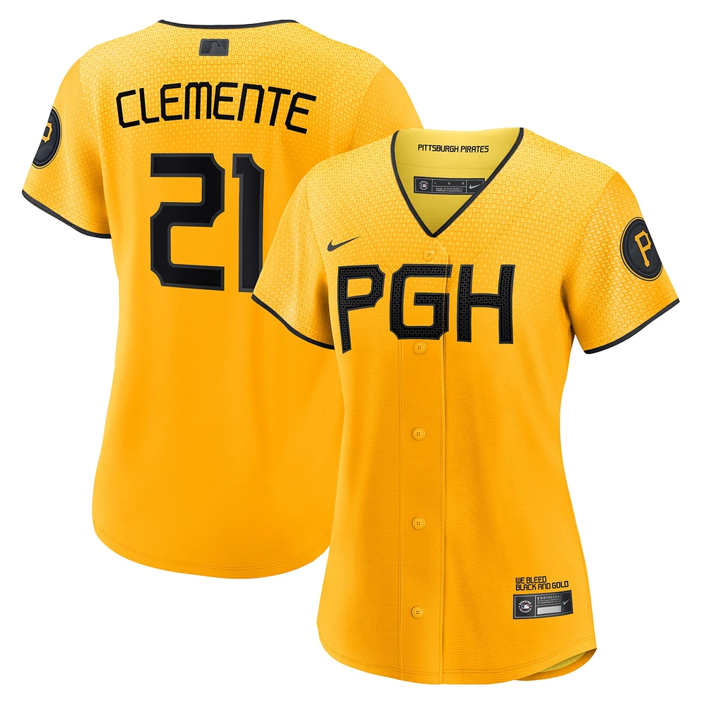 Maillot de joueur réplique Nike Roberto Clemente doré Pittsburgh Pirates City Connect pour femme