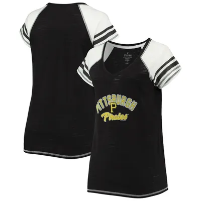 Pittsburgh Pirates Soft as a Grape Women's Curvy Colorblock Tri-Blend Raglan V-Neck T-Shirt - Black