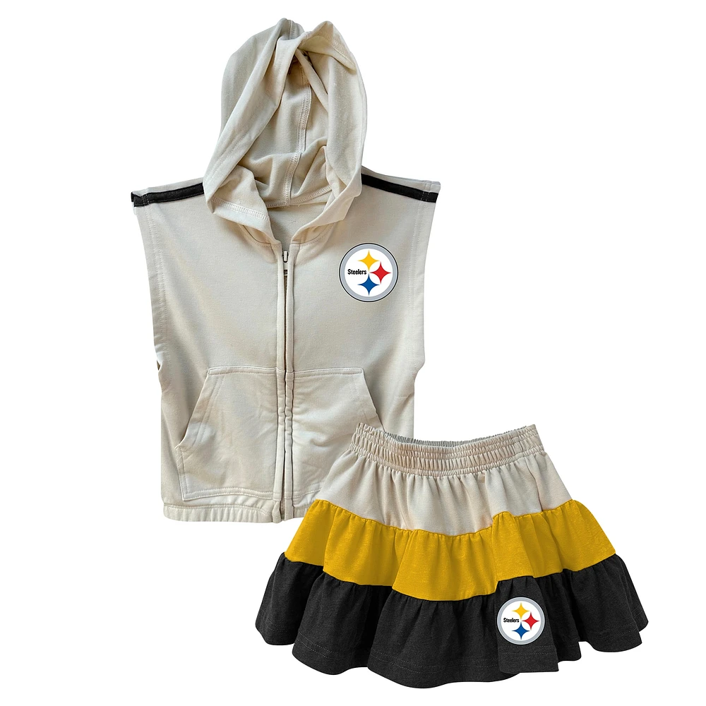 Ensemble sweat à capuche zippé sans manches et jupe trois niveaux pour filles Wes & Willy Gold/Black Pittsburgh Steelers