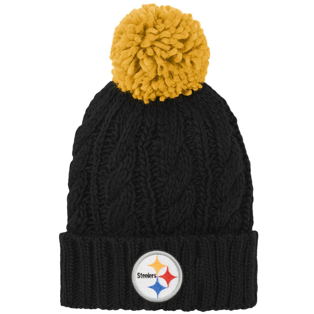 Girls Youth Black Pittsburgh Steelers Team Cable Cuffed Knit Hat with Pom