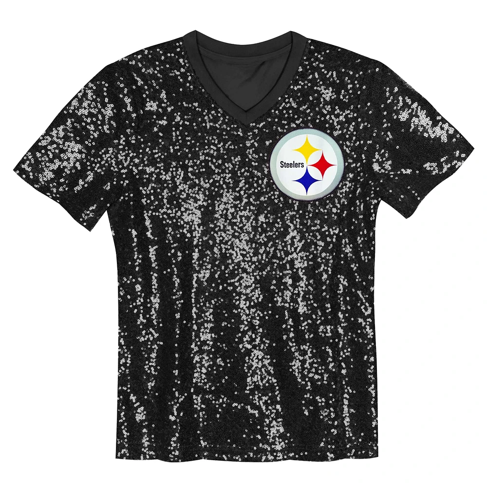 Haut à col en V sequins et inscription Pittsburgh Steelers noir pour fille