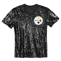 Girls Youth Black Pittsburgh Steelers Wordmark Sequin V-Neck Top