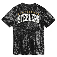 Haut à col en V sequins et inscription Pittsburgh Steelers noir pour fille