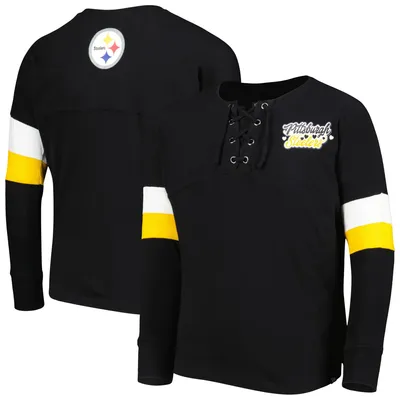 Women's Fanatics Branded Black Pittsburgh Steelers Spirit Jersey Lace-Up  V-Neck Long Sleeve T-Shirt