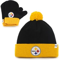 Bonnet en tricot à revers Bam Bam des Pittsburgh Steelers pour bébé '47 noir/or avec pompons et ensemble de mitaines