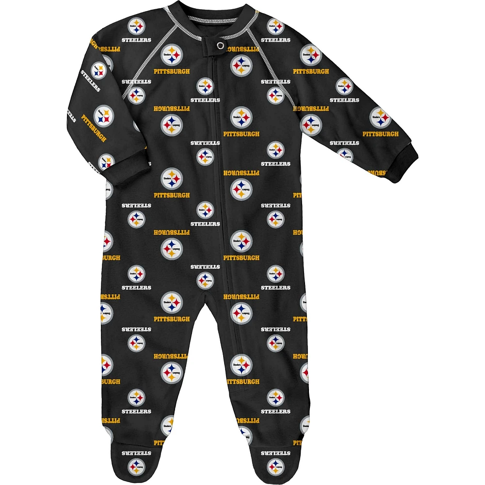 Infant Black Pittsburgh Steelers Allover Print Raglan Full-Zip Sleeper