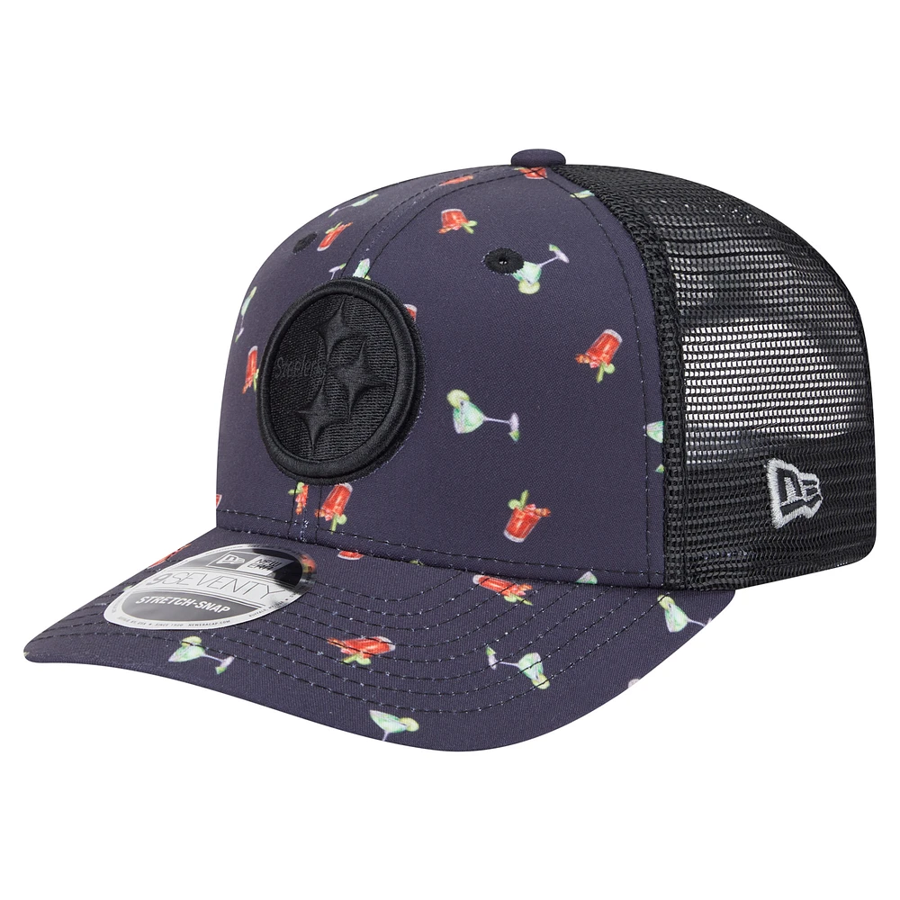 Men's New Era  Navy/Black Pittsburgh Steelers Adventure Drinks Pattern 9SEVENTY Stretch-Snap Hat